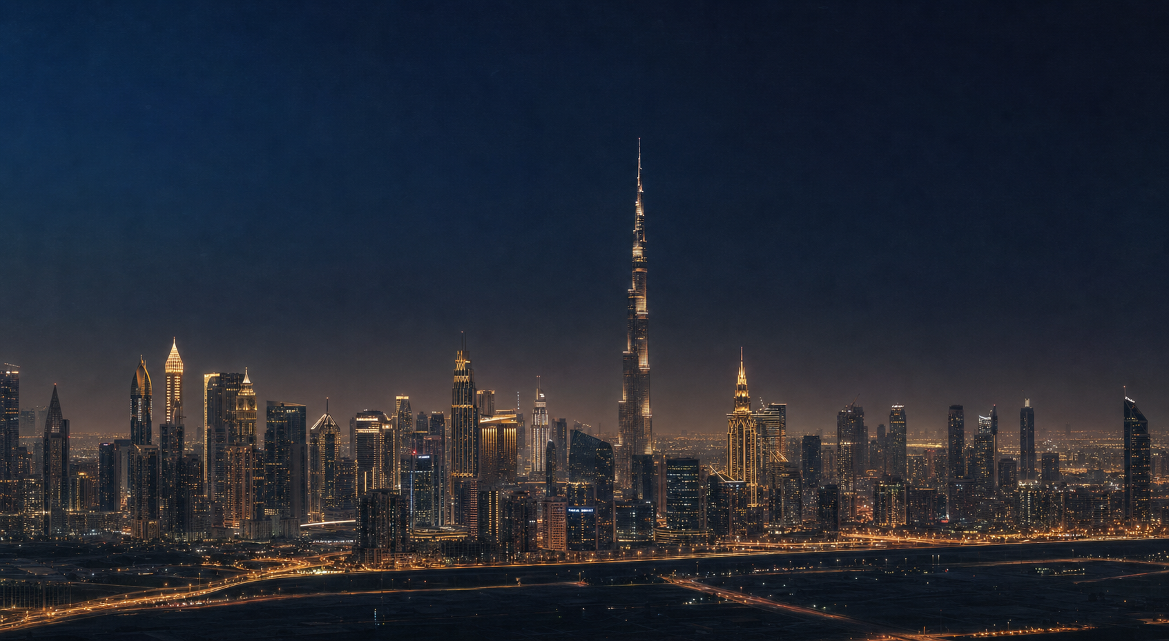 Dubai skyline at night, Burj Khalifa lit against a deep navy sky